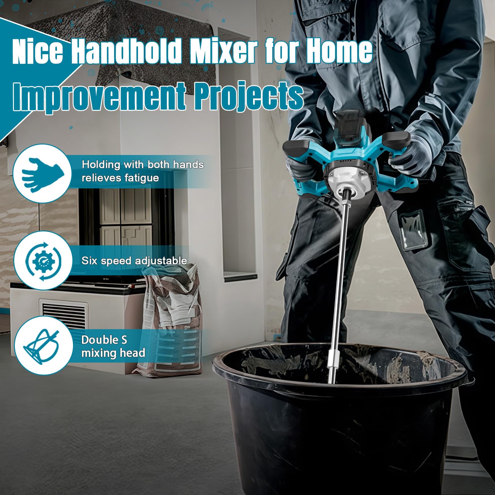 Mélangeur sans fil pour peinture et béton, compatible avec batterie Makita 18 V (sans batterie), mélangeur de mortier sans balais avec 6 vitesses et gants, pour mélanger les aliments, le mortier, la