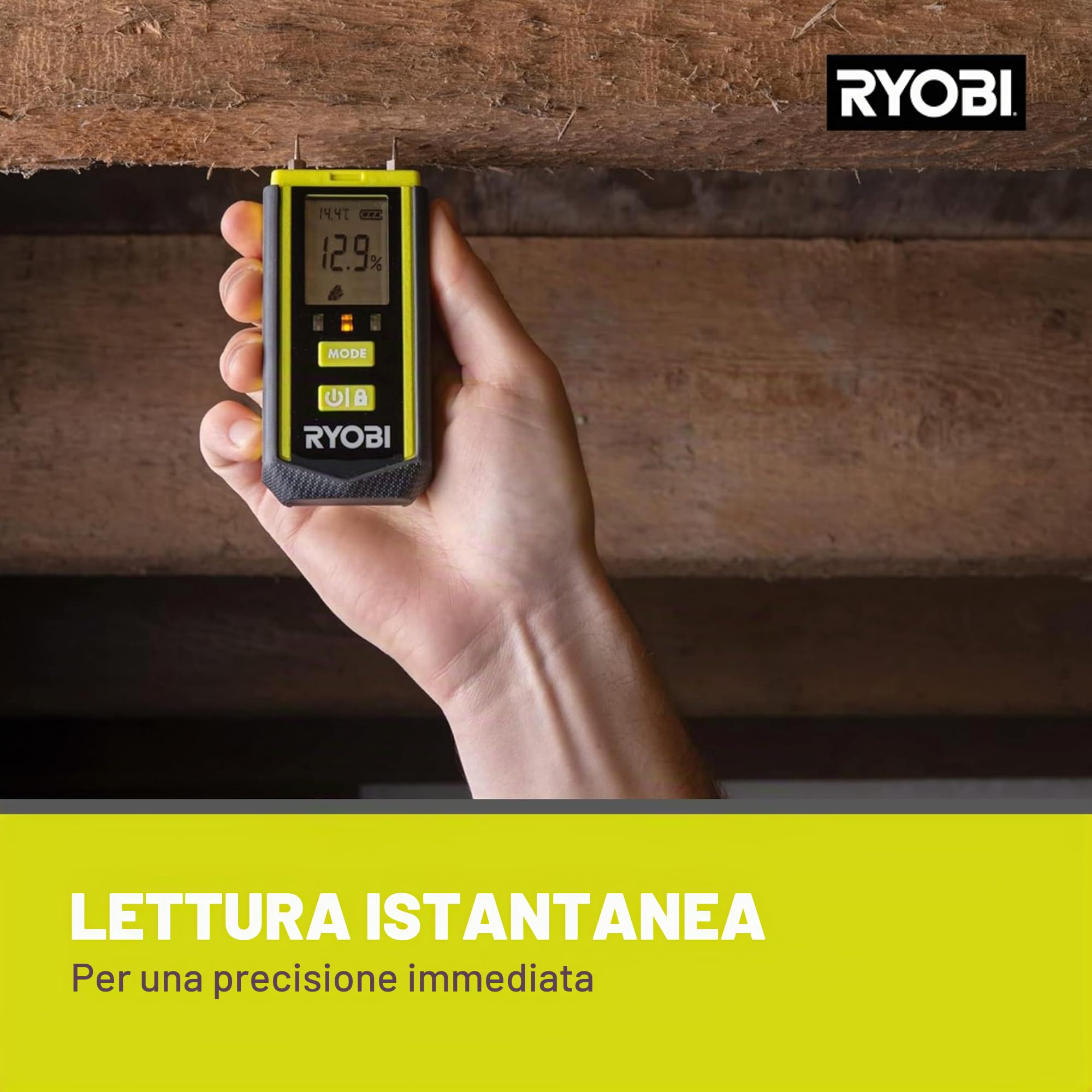 Ryobi RBPINMM1, Misuratore di Umidità, Batteria 18V ONE+ Non Inclusa, Include un Coperchio per Puntali, Adatto per Vari Materiali, Anche per Punti Difficili da Raggiungere