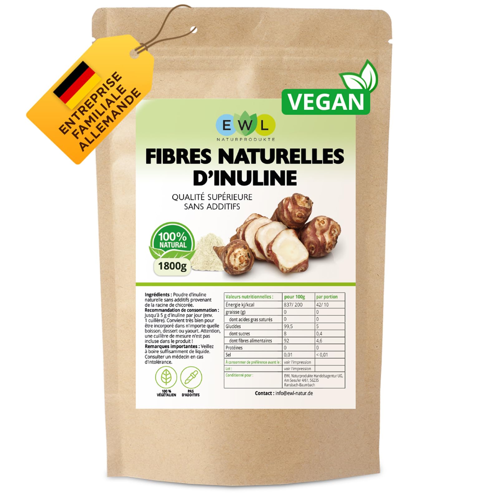 EWL Naturprodukte Inuline 1800 g, Poudre d'Inuline issue de la Racine de Chicorée, Poudre de Fibres Alimentaires, conditionnée et contrôlée en Allemagne, Qualité certifiée par des Tests en Laboratoire