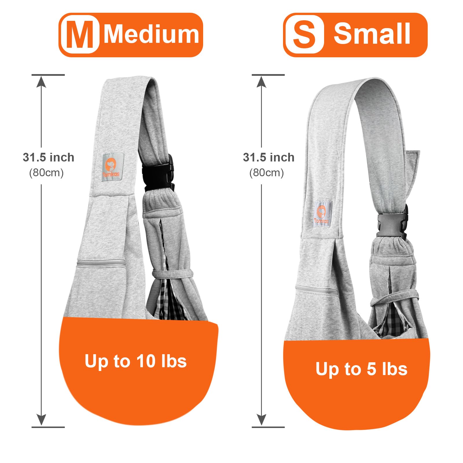 Tomkas Dog Carrier Sling - Pet Carrier for Small Dogs and Cats, Adjustable Strap, Zip Pocket, Snap Closure (Grey, S - Adjustable Strap EU)