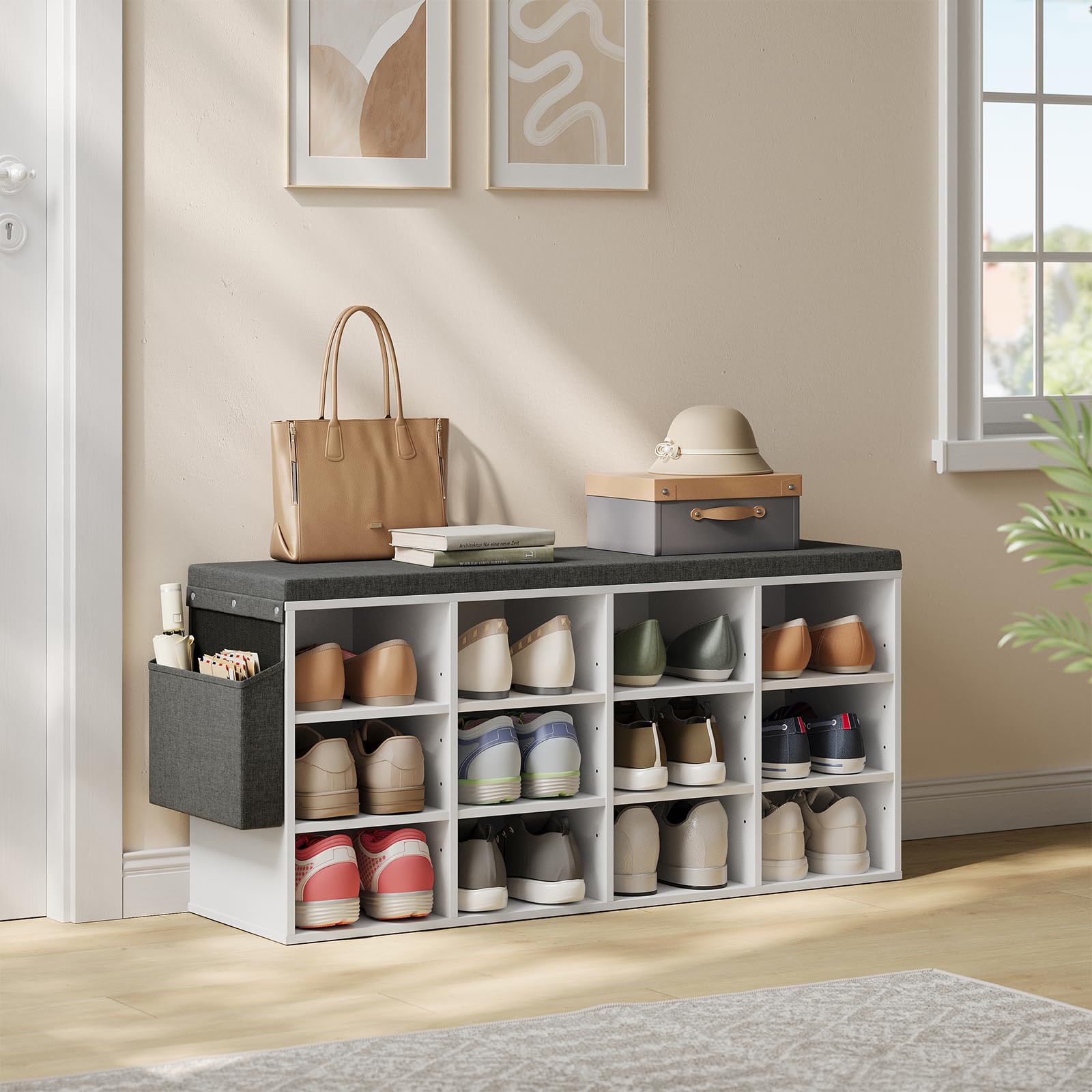 WOLTU Banc de Rangement à Chaussures, Meuble d’Entrée pour Chaussures, Étagère Autoportante à 12 Compartiments en Panneau Aggloméré avec Coussin en Tissu Gris, Blanc, 102x30x48,5 cm