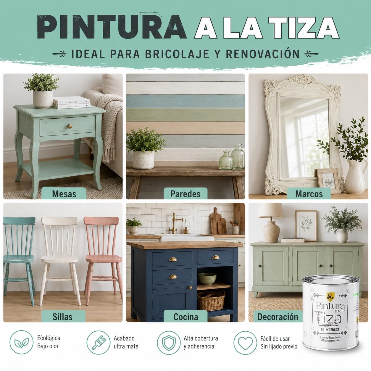 SPSIL Pintura a la Tiza Barniz Mate (750ml X 2) Multiusos Sin Lijado, Secado Rápido Lavable Ecológica, Mate Vintage para Madera Metal Yeso, Interiores Exteriores Bricolaje y Renovación de Muebles