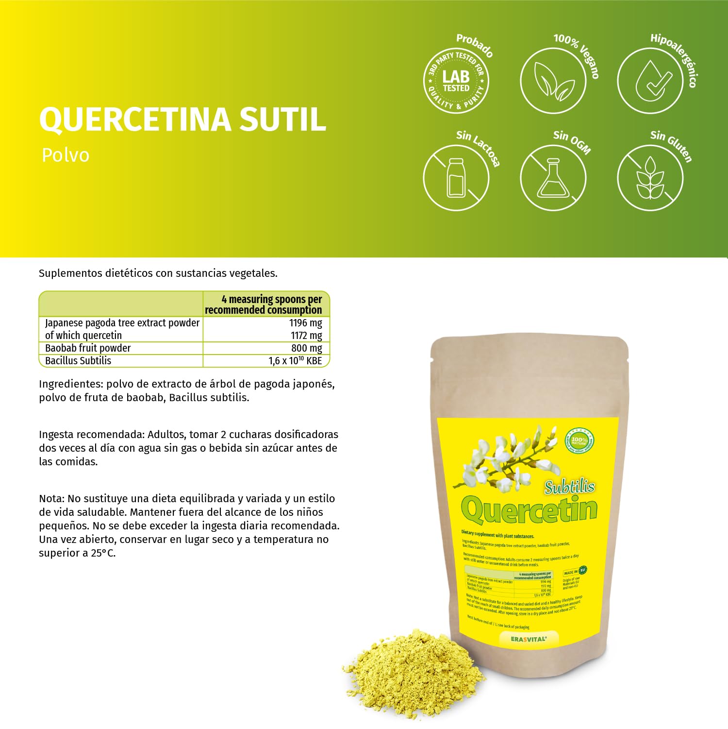 Quercetina Subtilis en polvo con acompañantes importantes - Baobab Fruta en polvo (un buen proveedor de vitamina C) y Bacillus Subtilis (para el equilibrio de la microflora intestinal). Vegano (500 g