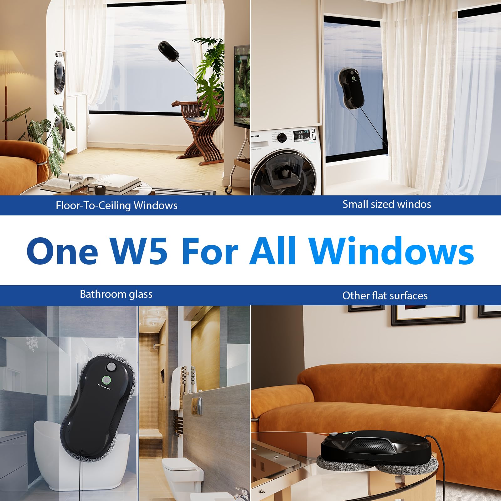 Tosima W5 Robot Lavavetri Finestre, Robot Pulisci Vetri con Doppio Spray e Aspirazione 2600-3200Pa, Lavavetri Automatico Sicurezza Tripla per Superfici Lisce Interni/Esterni (Telecomando + 8 Panni)