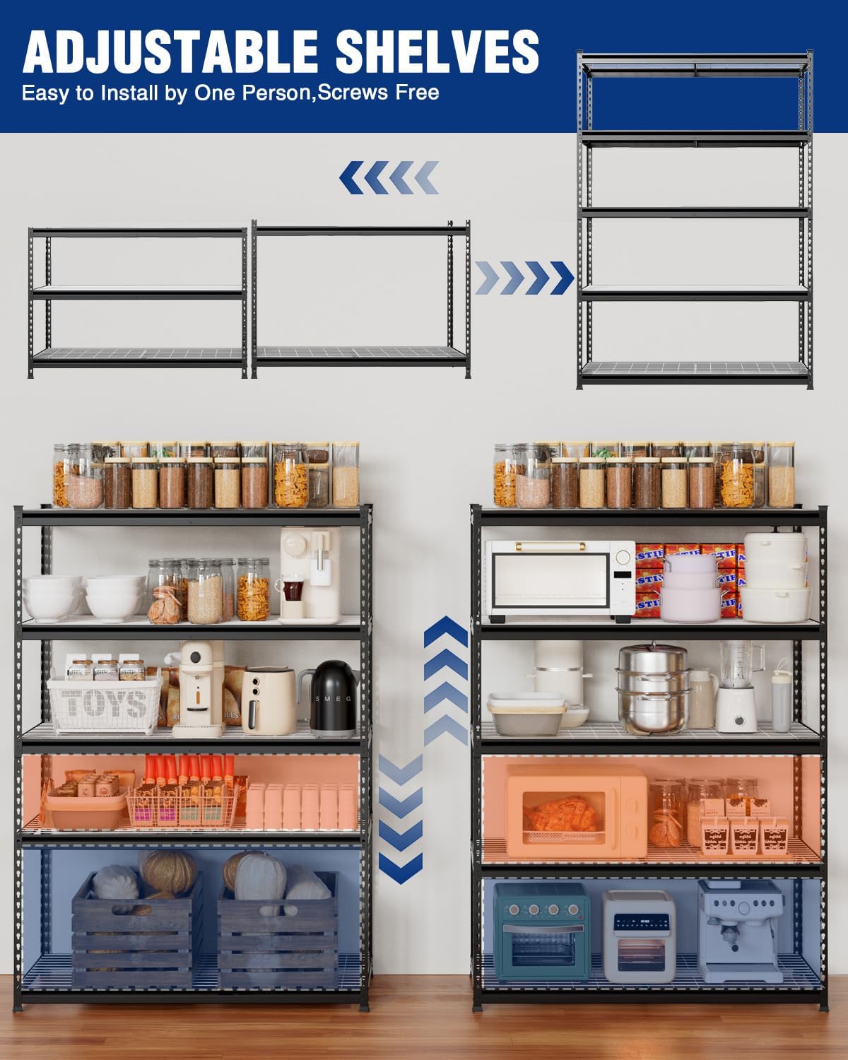 WORKPRO 5-Layer Heavy Duty Metal Storage Rack, 48”W x 24”D x 72”H, Adjustable Shelving Unit with 4000 lbs Total Load Capacity, for Garage, Kitchen, Bathroom, Warehouse