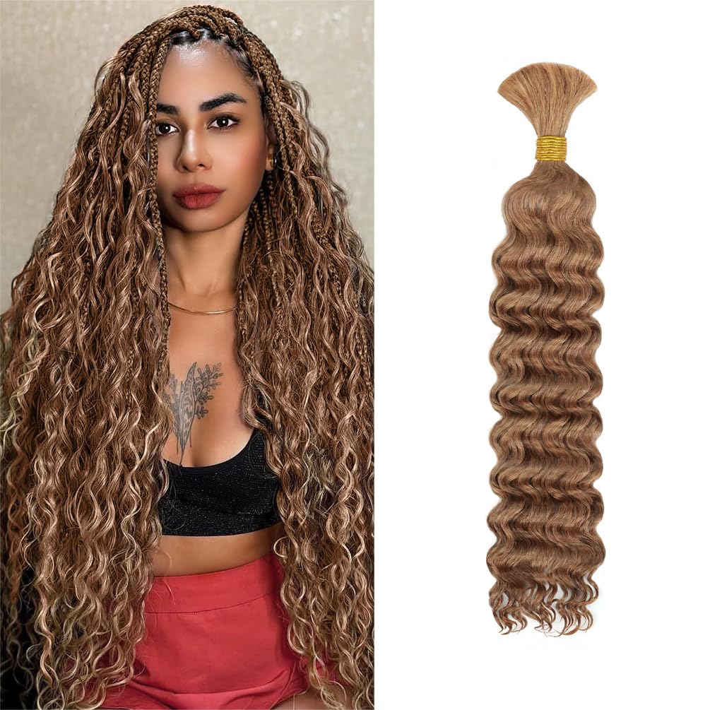 Deep Wave Human Braiding Hair for Boho Braids – 18 Inch 40g 1 Bundles/Pack Honey Blonde, 100% Unprocessed 12A Brazilian Virgin Hair Bulk, No Weft, Wet