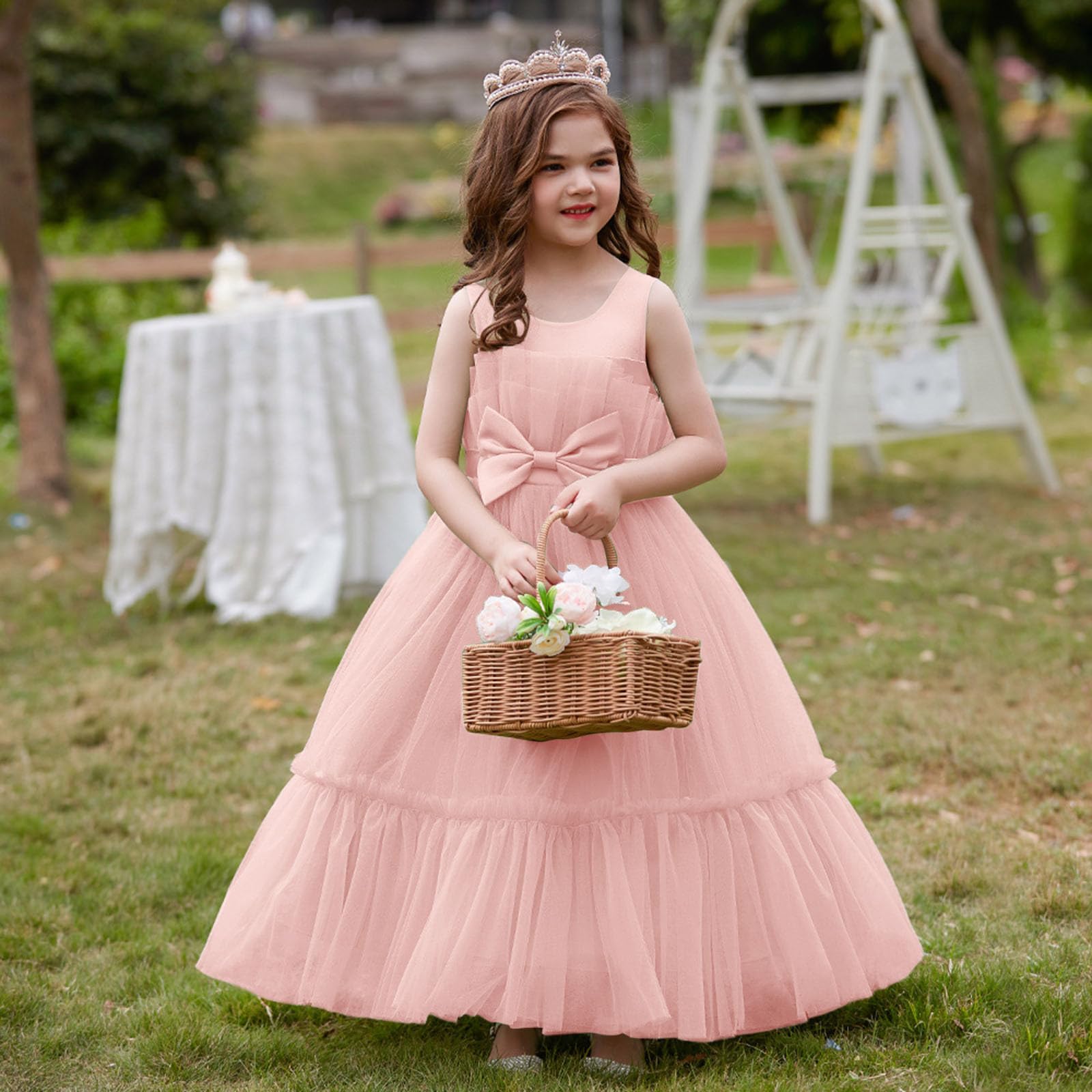 Genérico Vestido de Fiesta para niñas con Lazo y Falda para Desfile de niñas, Elegante Vestido de tutú para actuaciones Infantiles.