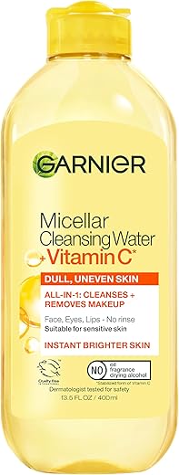 Garnier SkinActive Micellar Water with Vitamin C, Facial Cleanser & Makeup Remover, 13.5 Fl Oz (400mL), 1 Count (Packaging May Vary)
