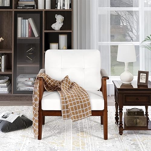 Miniatura 5 de AILEEKISS Silla decorativa moderna de mediados de siglo, sillones de cuero de madera retro, sillas tapizadas con cojín para sala de estar,