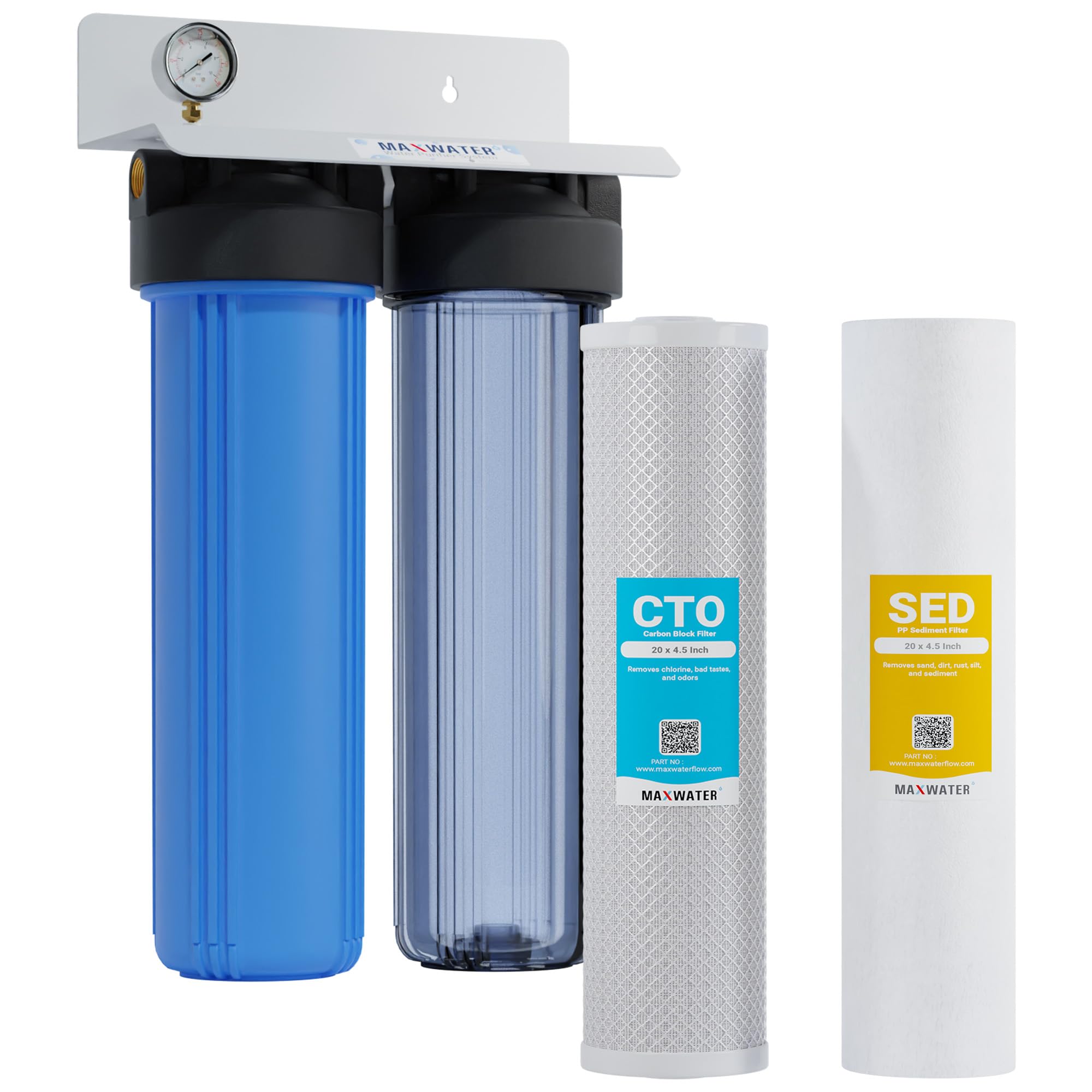 20 Dual Clear Blue Whole House Water Filter 1 w Pressure Gauge Double O Ring Filter Housing 20x4