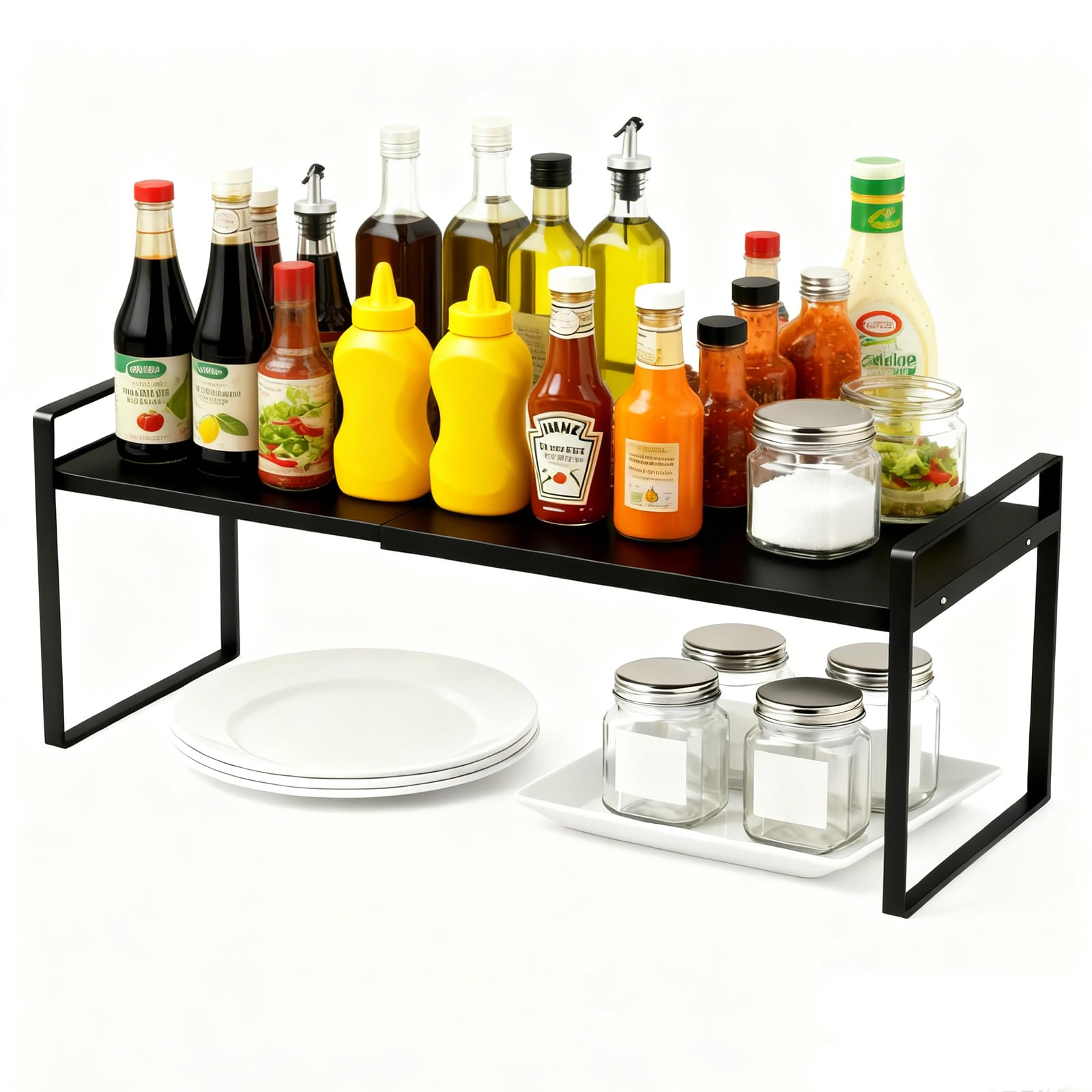 lakudayy Kitchen Shelf Organiser, Expandable Cupboard Shelf 32-53cm, Adjustable Shelf Height Heavy Duty Kitchen Shelf, Black Shelving for Desktop Cupboard Organiser
