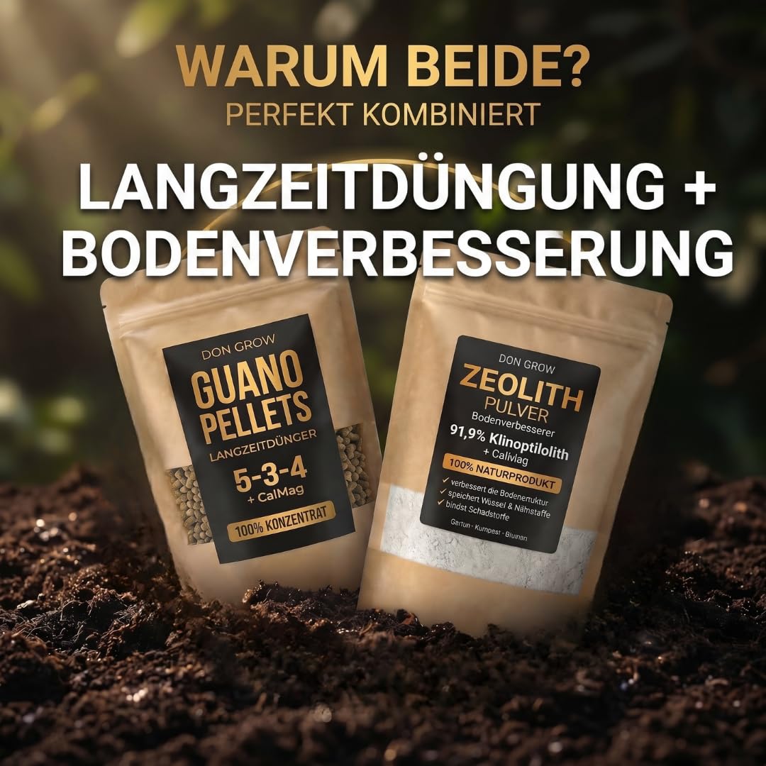 Langzeitdünger für Garten & Hochbeet – Guano Pellets + Zeolith Pulver als Bodenaktivator, Bodenverbesserer und Nährstoffspeicher – 7,5 Kg – Don Grow