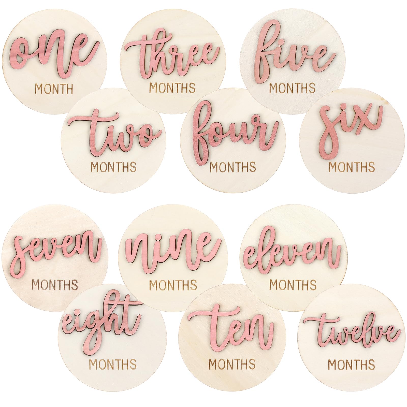 PEOVLVN Holz Meilensteinkarten Baby - 6pcs 1-12 Monate Baby Monatskarten aus Holz, Perfekt für Meilensteinkartens Schwangerschaft & Babys Meilensteinkarten, Ideal für Eltern & werdende Mütter(Rosa)
