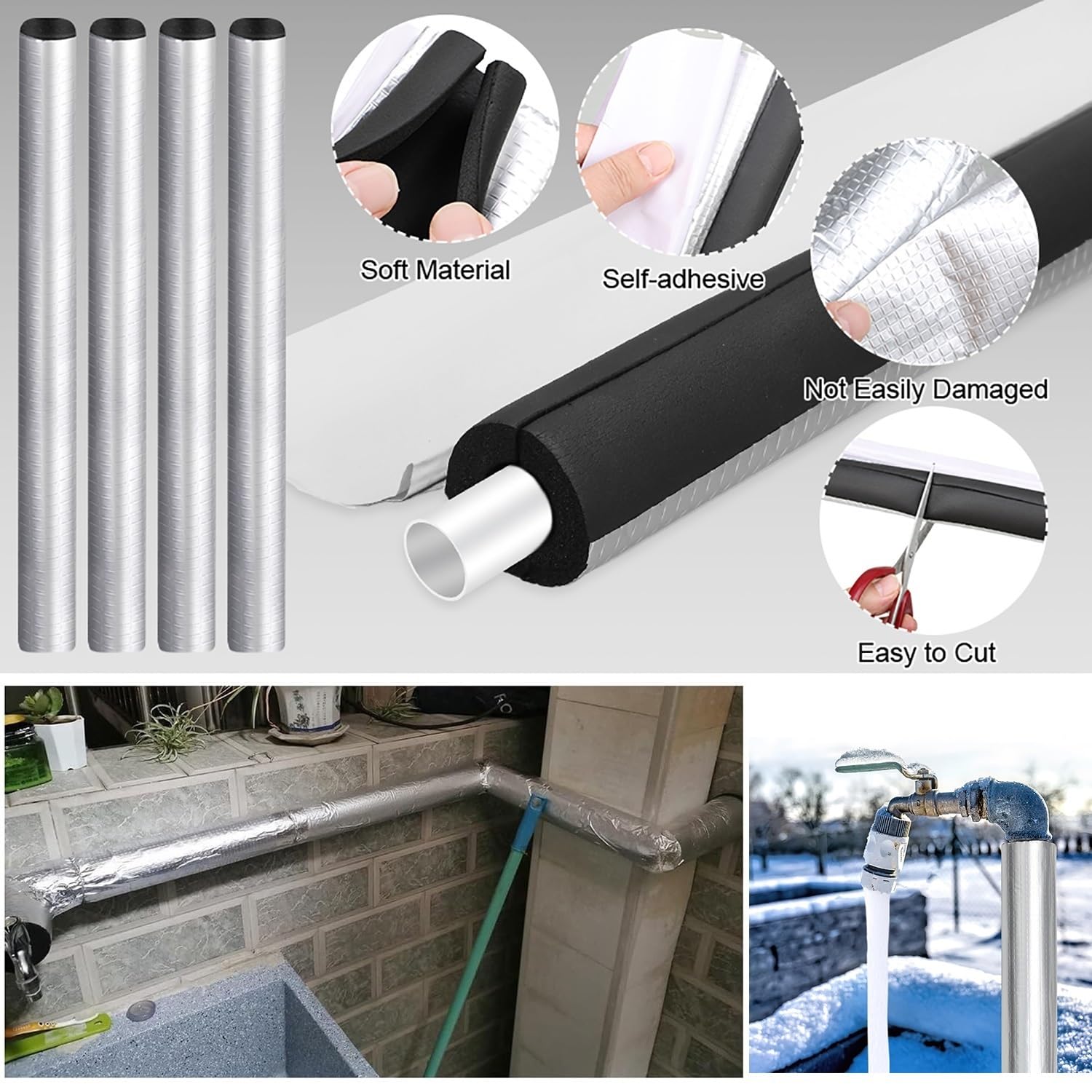 Tubo isolante per tubature, guaina isolante autoadesiva in schiuma con rivestimento in foglio di alluminio, per rubinetti esterni e tubature dell'acqua esterne(ID*TH-219*30mm/8.62*1.18in)