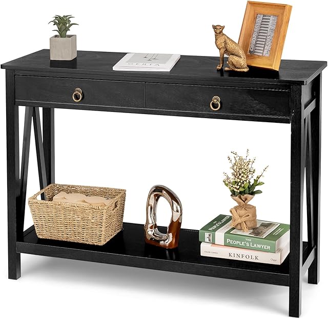CASART Console Table, 2 Tiers Wooden Sofa Table with 2 Drawers & Shelf, Narrow Hallway Accent Table for Living Room Bedroom Entryway (Black)