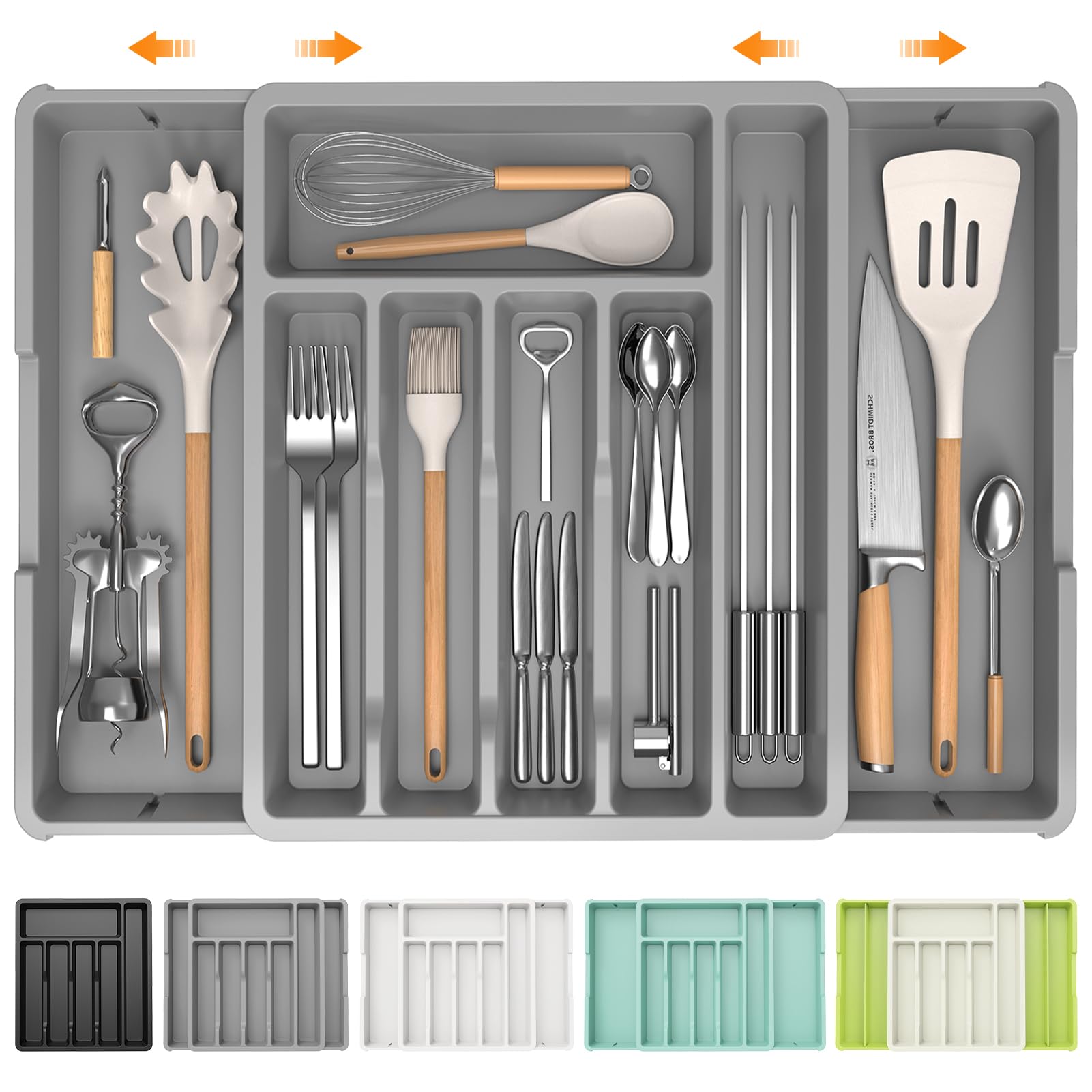 iDavosic.ly Silverware Drawer Organizer, Expandable Utensil Tray for Kitchen, Large Adjustable Plastic Cutlery Flatware Holder for Knife Fork Spoon with 8-10 Compartments, Gray