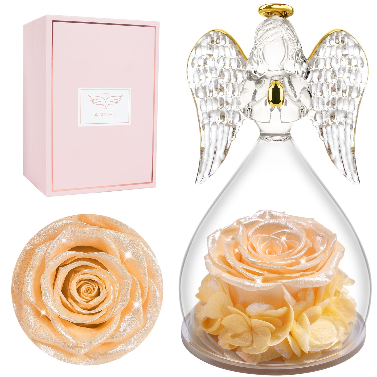 Miofula Gifts for Mom Birthday Gifts for Women, Preserved Flowers Rose in Glass Angel Figurines, Fresh Flowers for Delivery Anniversary Forever Real Roses Gifts for Mothers Grandma Her Wife Girlfriend