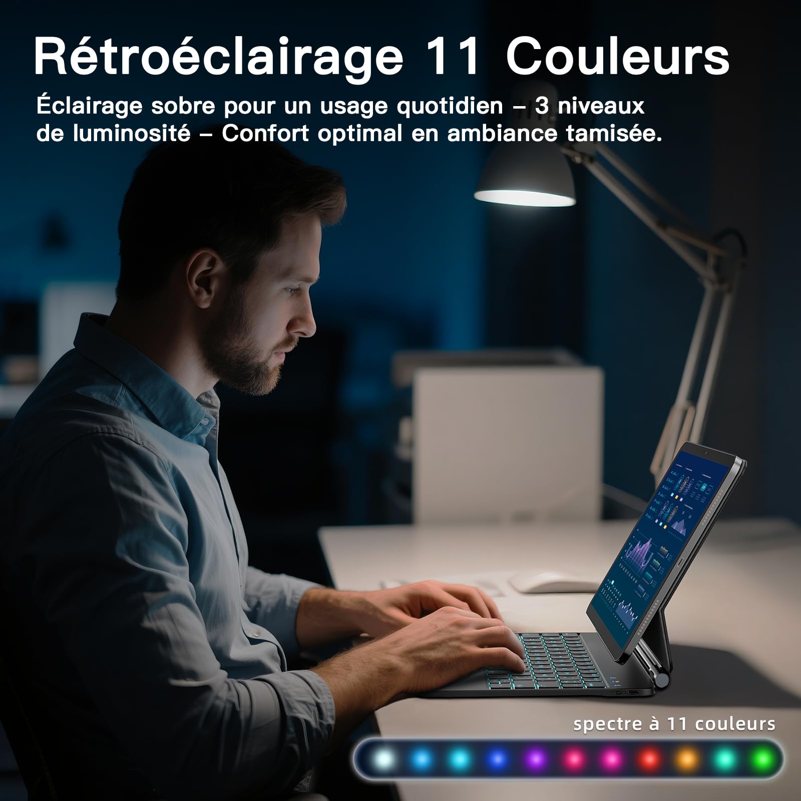 RAYMCRAFT Clavier pour iPad Air 11 Pouces (M4/M3/M2) & iPad Pro 11 Pouces (1re/2e/3e/4e Gén), Magic Keyboard pour iPad Air 5e/4e, Rétroéclairage 11 Couleurs, Smart Trackpad, Boucle pour Stylet, Noir