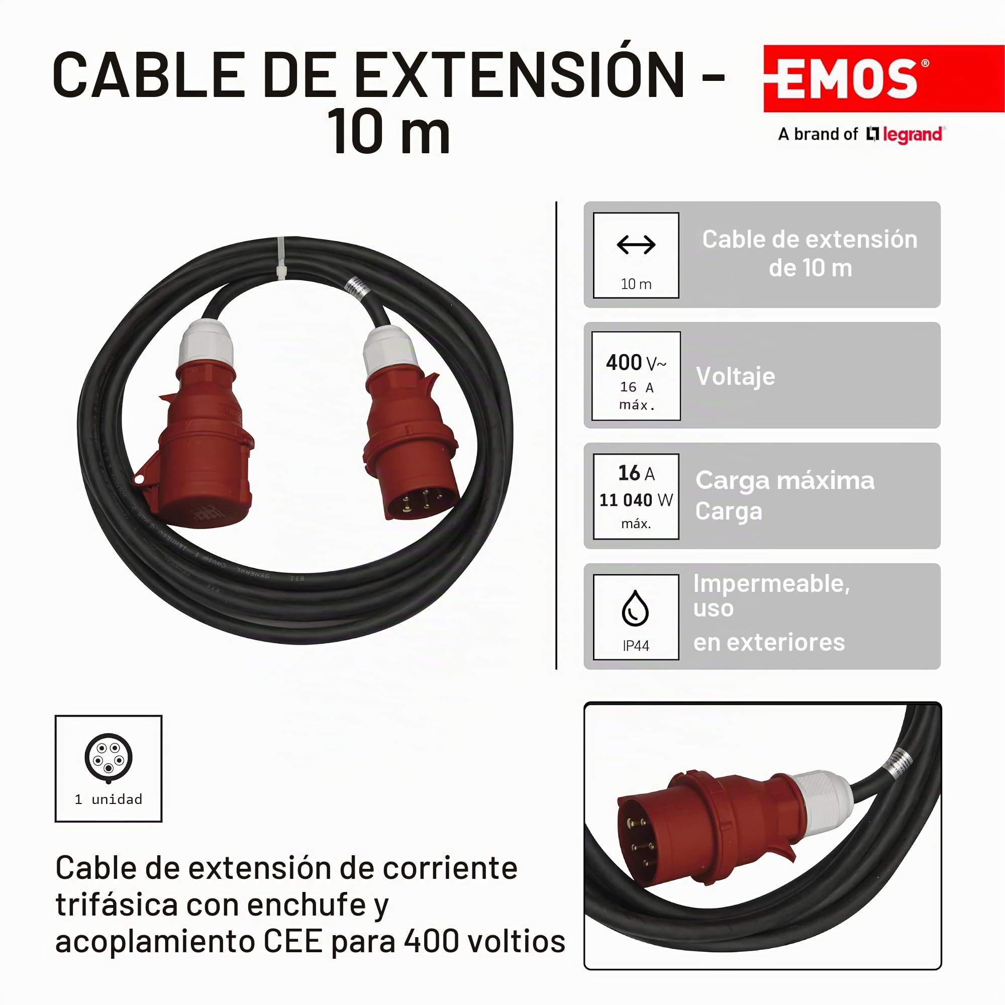 EMOS Cable alargador CEE IP44 10 m, Conector 5 Polos, 400 V 16 A 3680 W, Goma CGSG 5C H05RR-F 2.5 mm², Resistente Agua/Temperatura, Camping