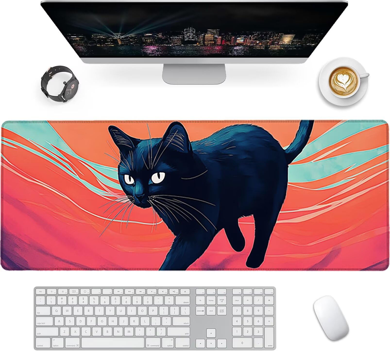 Lpfieonn Katze Schreibtischunterlage XXL, Rot Schreibtischunterlagen Großes, Gaming Mousepad XXL mit ernähter Rand und Rutschfeste Gummibasis, Wasserdicht Desk Mat für PC/Laptop/Mausa 120x60cm PF-3518