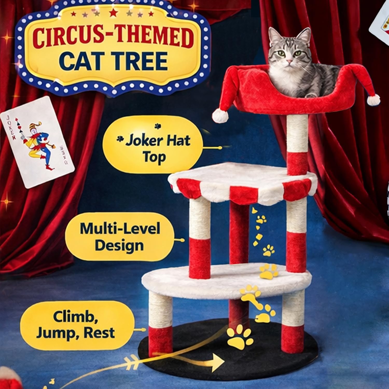 Circus Clown Cat Tree Tower, Multi-Level Cat Condo with Plush Platforms & Scratching Posts, Cute Circus Theme Cat Furniture for Indoor Cats (red)