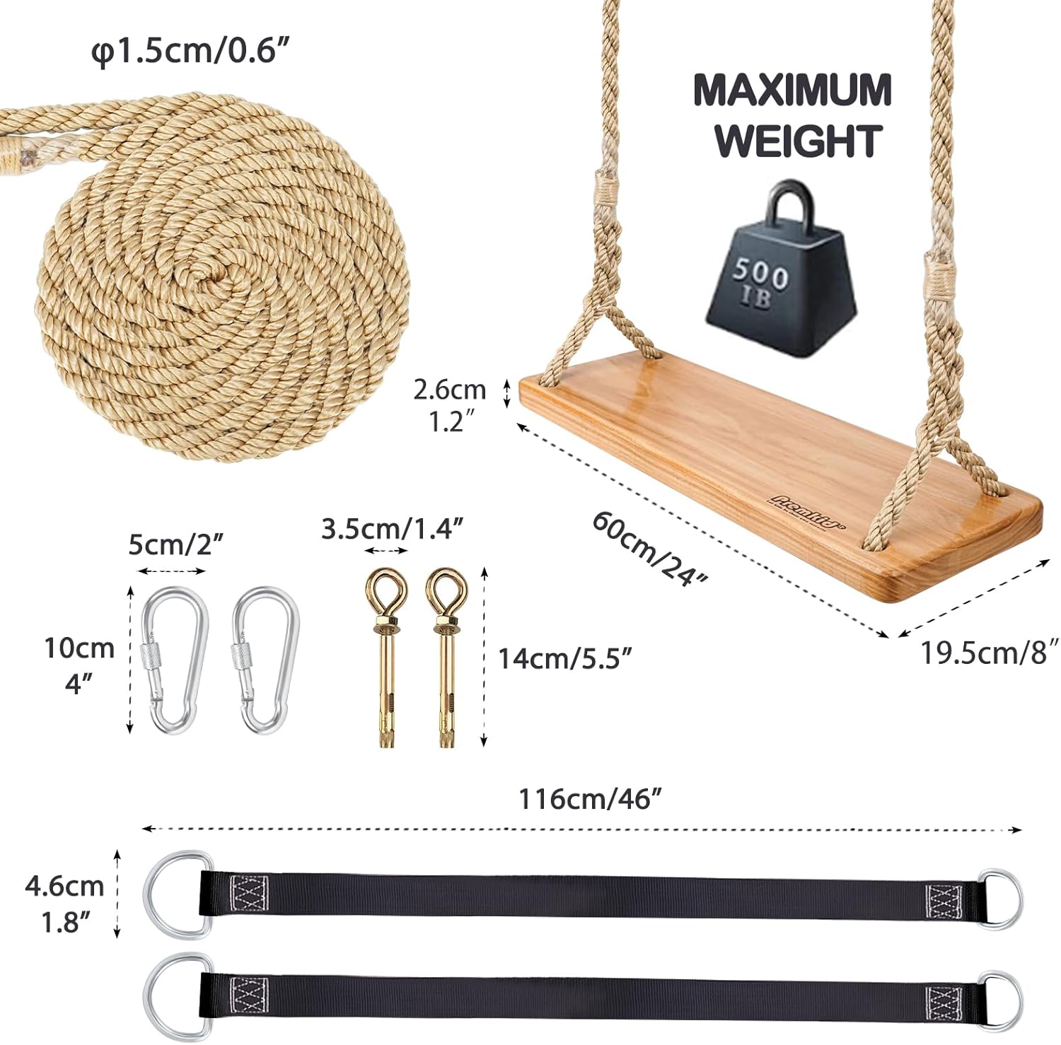 Hanging Wooden Swing, 24"x 8"x 1.2" Tree Swing for Adults Kids, Adjustable Thick Nylon Rope Plus Tree Straps 10.61FT, Wood Swing Set with Rose Garland for Indoor & Outdoor