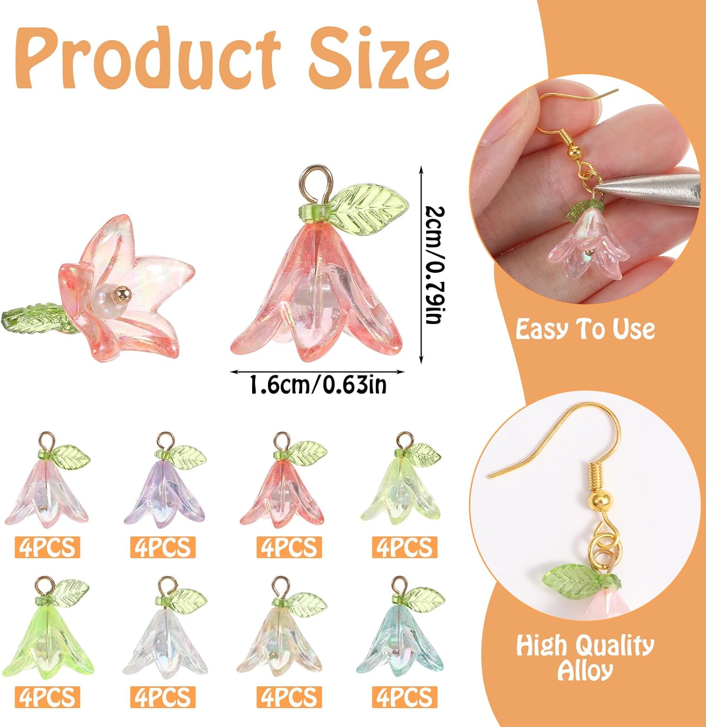 32Pcs Acrylic Lily Flower Charms, 8Colors Plastic Dangle Charms with Pearl Beads for Jewelry Making, DIY Craft Supplies for Bracelets, Necklaces, Earrings(20mm) - Image 2