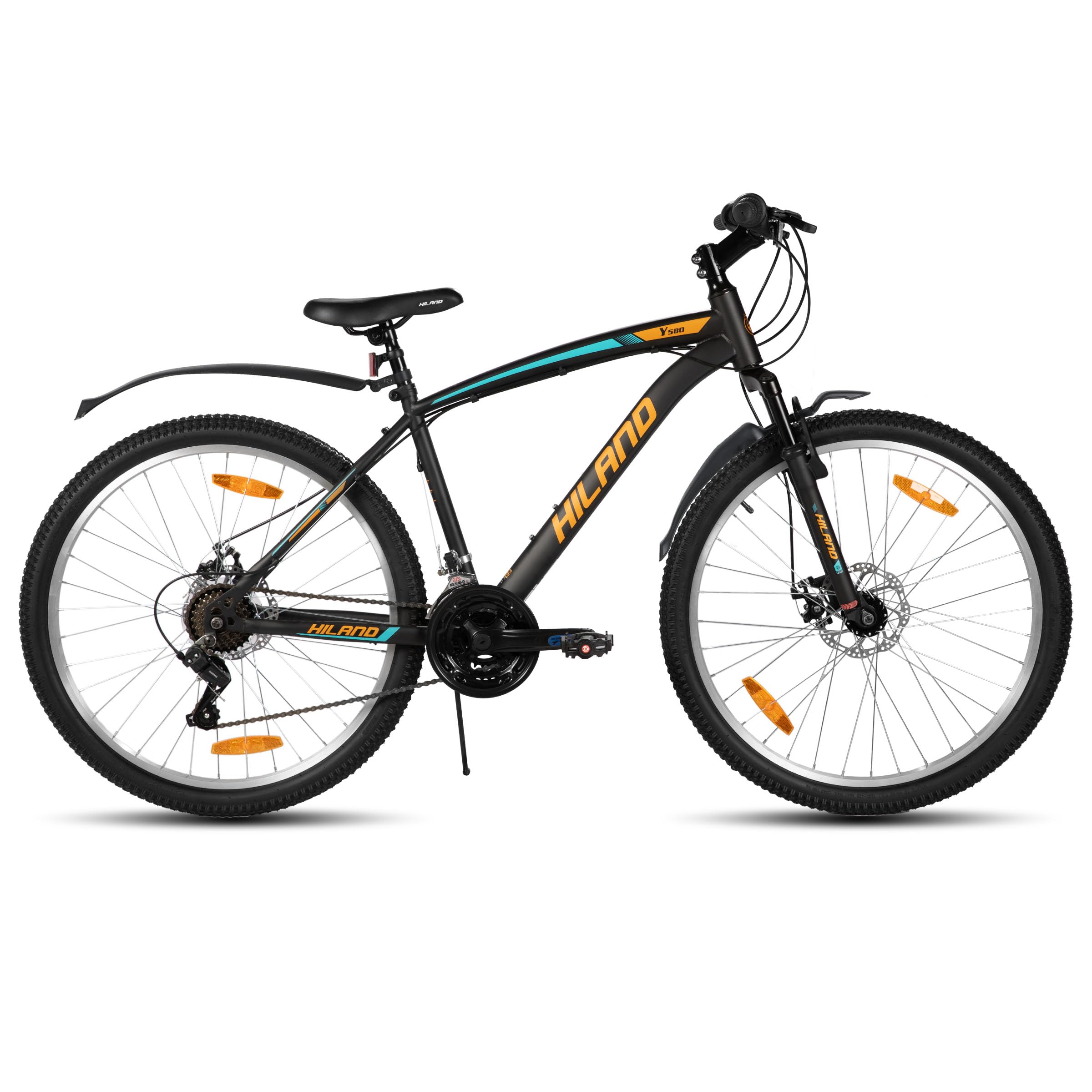 Hiland Mountainbike 26/27,5 Zoll, 18 Gang Herren und Damen MTB mit Doppelte Scheibenbremsen, 26 Zoll Mountainbike für Erwachsene mit Federgabel, MTB für Männer und Frauen, Orange/Gelb