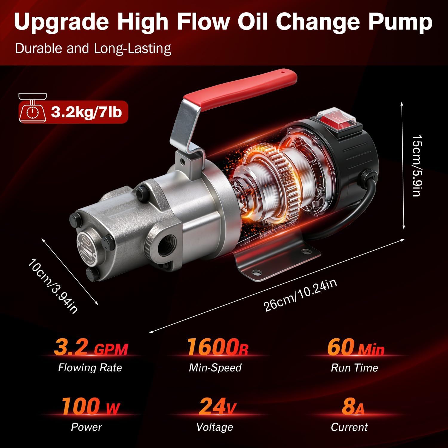 12/24V 100W Electric Oil Extractor Pump, 1.6-3.2GPM High Flow Gear Oil Change Pump, Transmission Fluid Pump for Engine Oil, Viscous Liquids, Lubricant, Extended Motor & Enlarge Pump Head