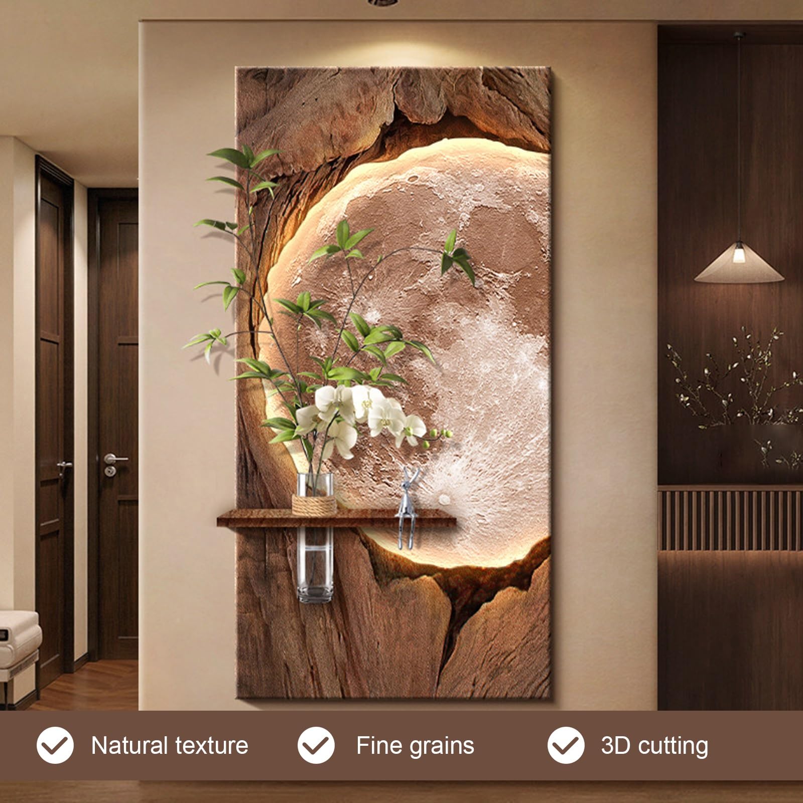 Sztuka ścienna 3D z piaskowca ze światłami LED, nowoczesna okrągła rzeźba reliefowa z wiszącym szklanym wazonem i sztuczną orchideą, zasilacz wtykowy do salonu