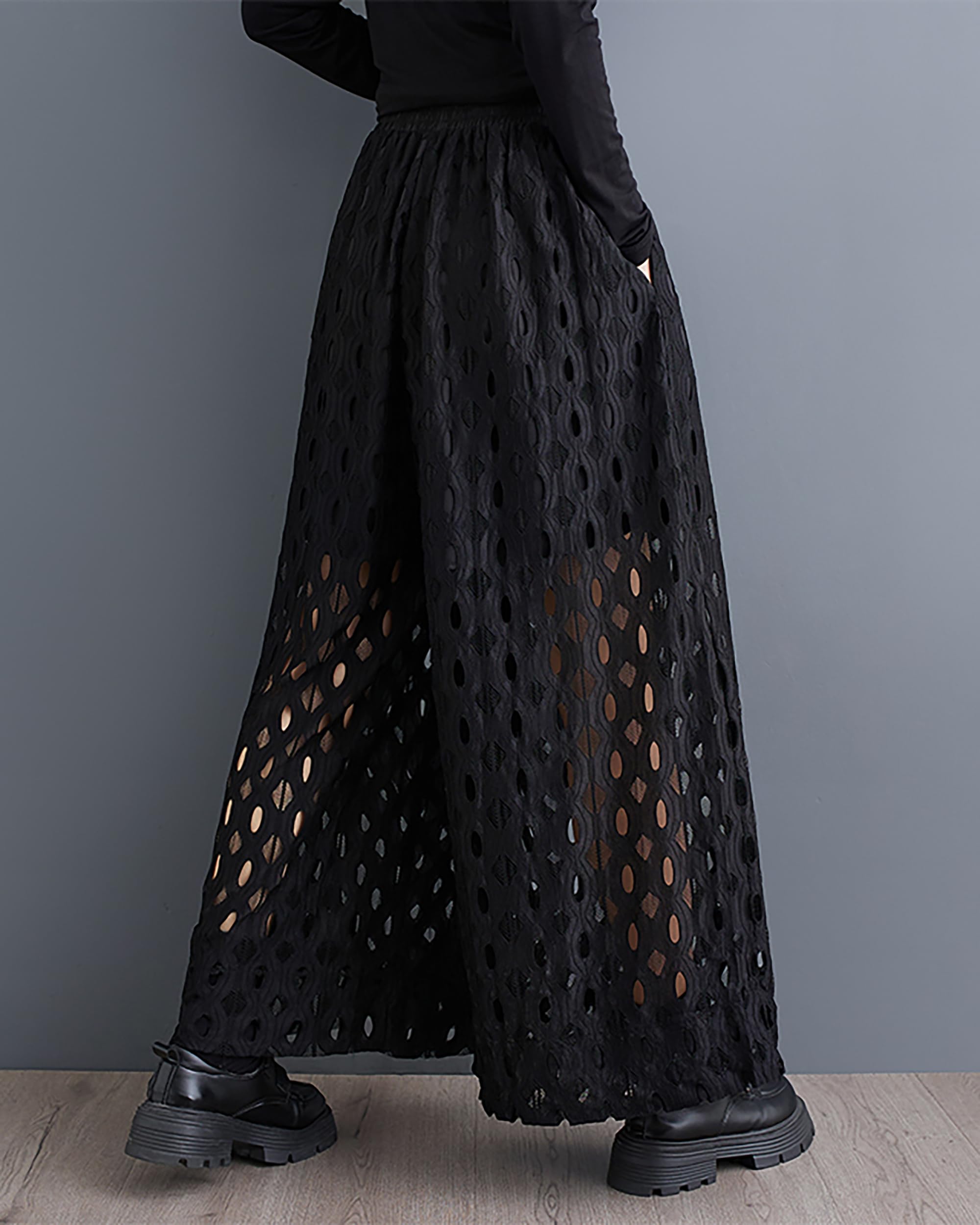 ellazhu Damenhose mit weitem Bein, Elastischer Bund, Spitze mit Lochmuster, Zwei Taschen, Locker und Lässig GZ381