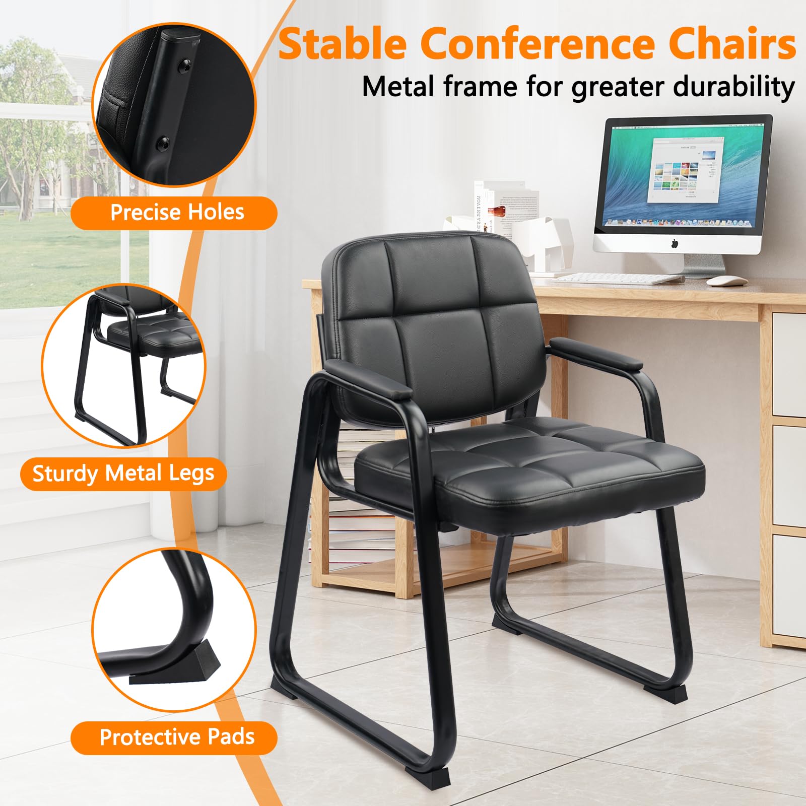 CLATINA Waiting Room Guest Chair with Bonded Leather Padded Arm Rest for Office Reception and Conference Desk Black — view 6