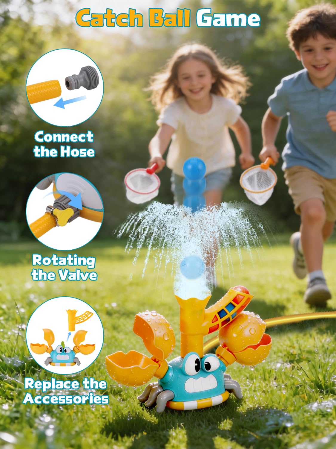 3-in-1 Giochi da Giardino da Esterno, Irrigatore per Bambini Forma di Granchio con Prendi la Palla e Lancia, Regalo Creativi per Bambino, Il Giocattoli Estivo Perfetto per Bambini 3 4 5 6 7 8 9 Anni