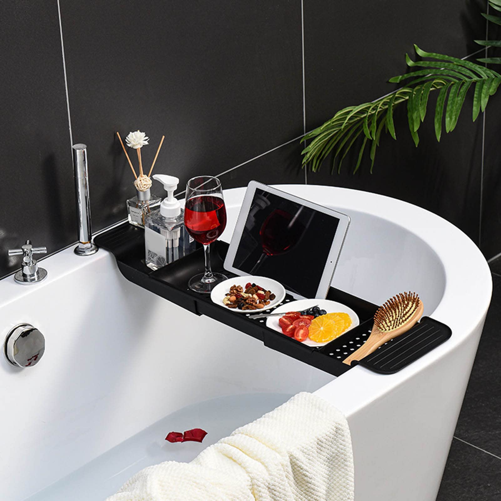 Vassoio per Vasca in Plastica, Design Drenante Retrattile Indossabile e Durevole Porta Vasca da Bagno Piccolo e Compatto Traspirante per Gel Doccia, Asciugamani, Bicchieri, Fiori da Bagno(Nero)