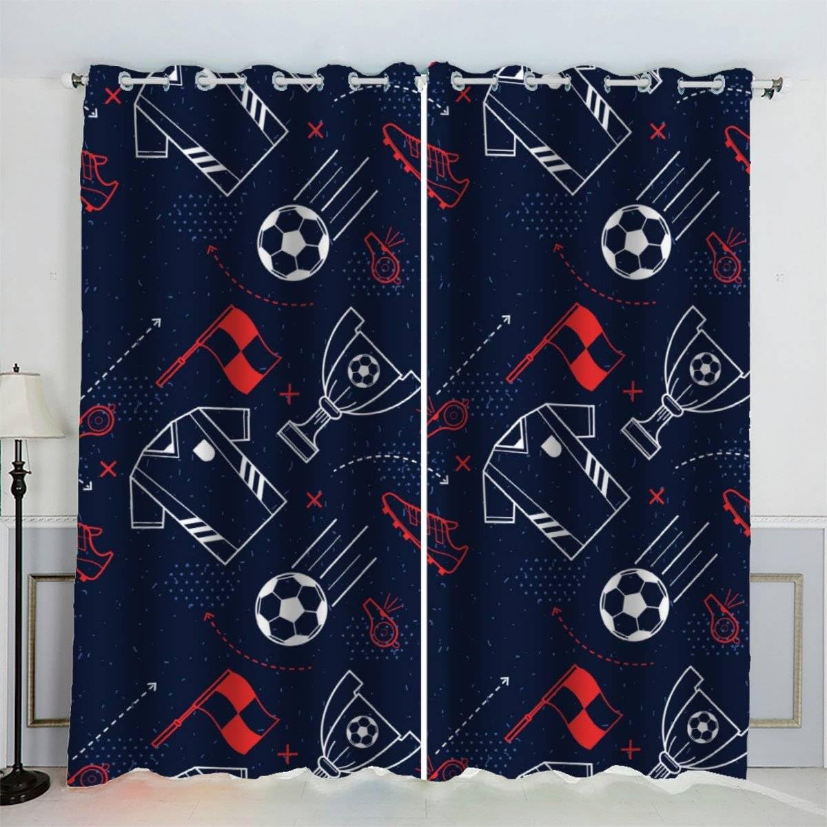 AKATIE Blackout Curtain Football Kid Insulated Drapes Sports Game 3D Print Eyelet Window Curtains for Boys Girls Teens Children kids Bedroom Set of 2 Panels (W150xL166cm)