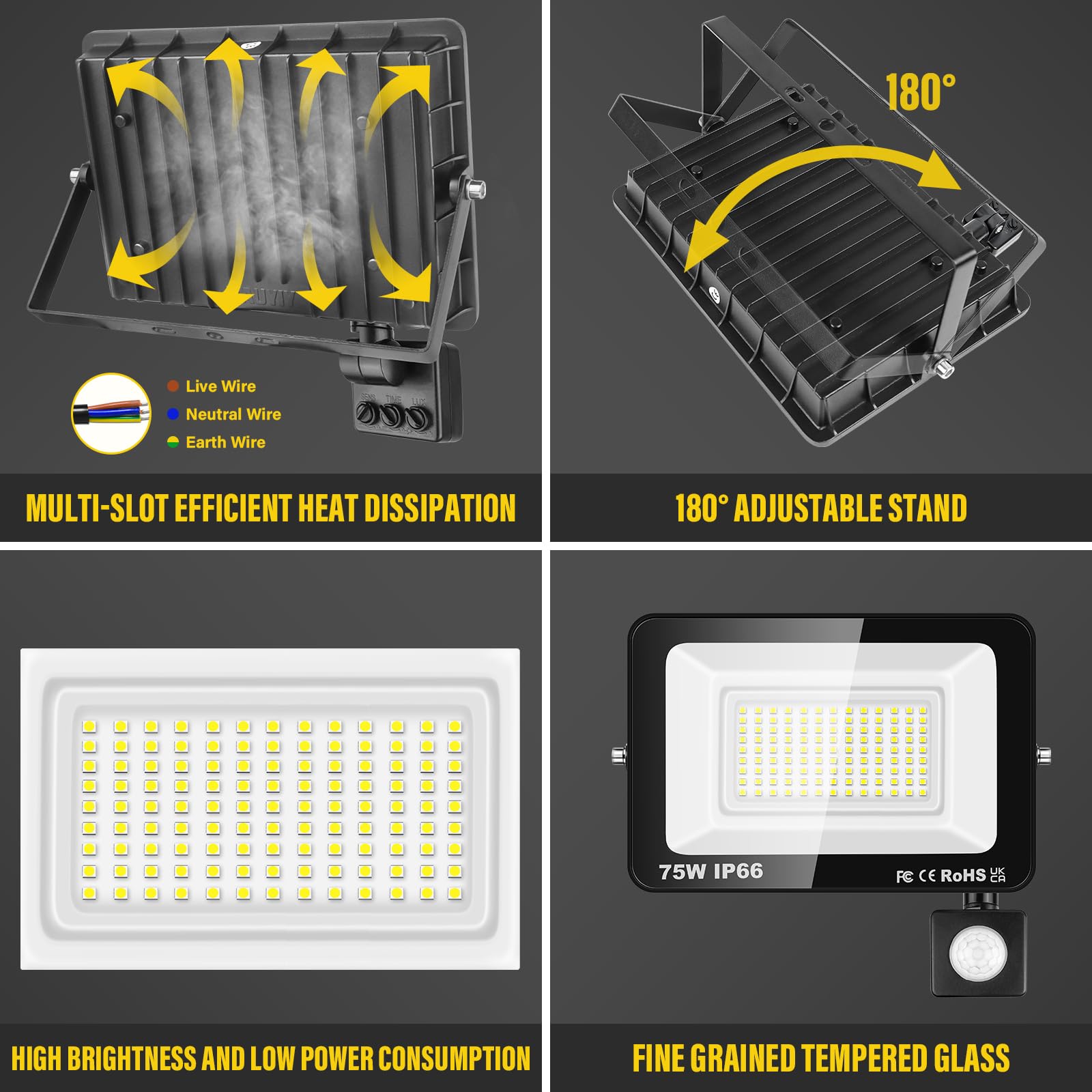 AUXTINGS 4 STücke 75W LED Strahler mit Bewegungsmelder, 7500LM 6000K Kaltweiß LED Fluter Außenleuchte, IP66 Wasserdicht Scheinwerfer Licht Wandleuchte für Garten Garage Sportplatz Hinterhof