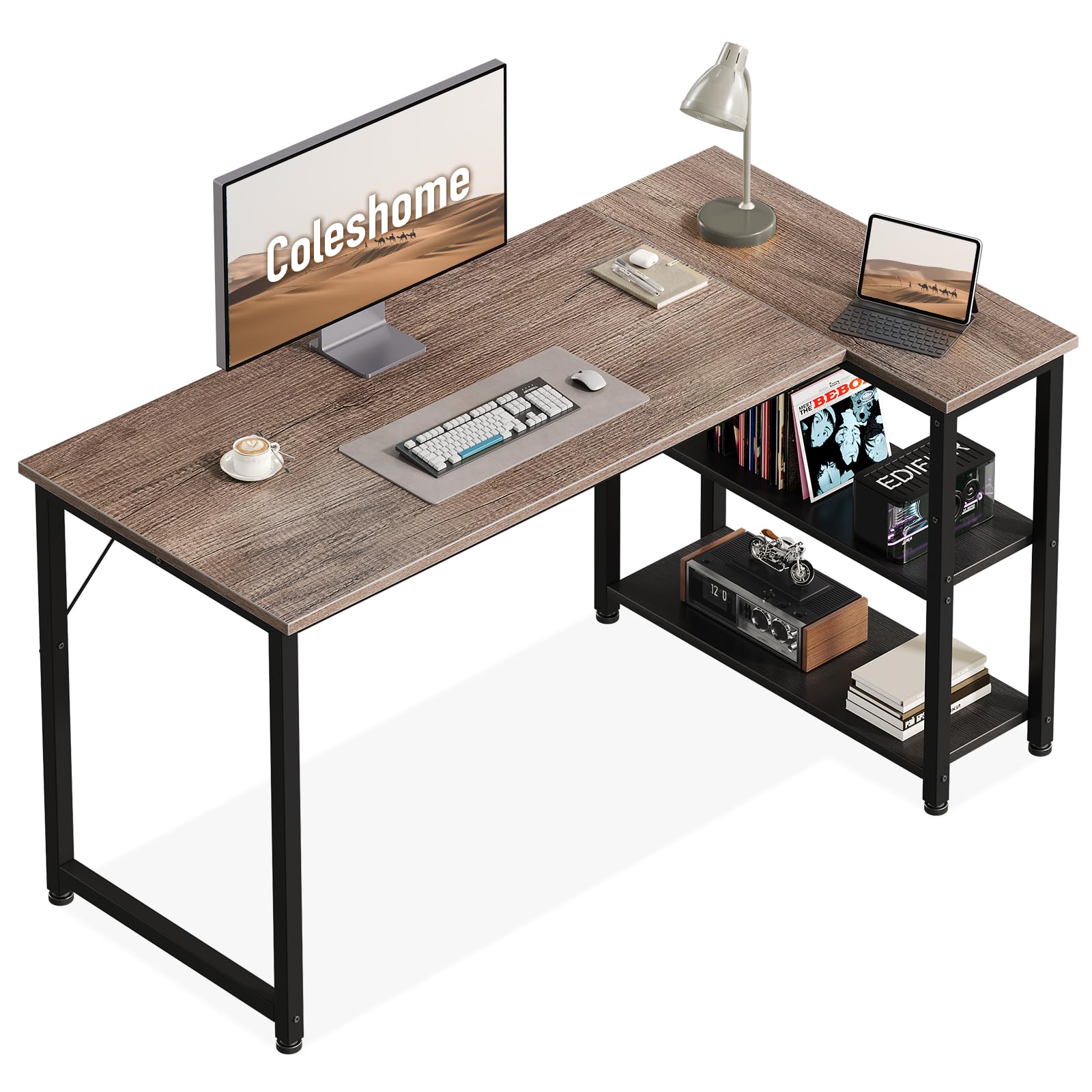 Coleshome Gaming Tisch, PC Tisch mit Umkehrbarer Stauraumlade, Platzsparender Schreibtisch l Form, 120 x 70 cm, Geeignet für Schreibtisch Klein in Familien-Ecken, Grau