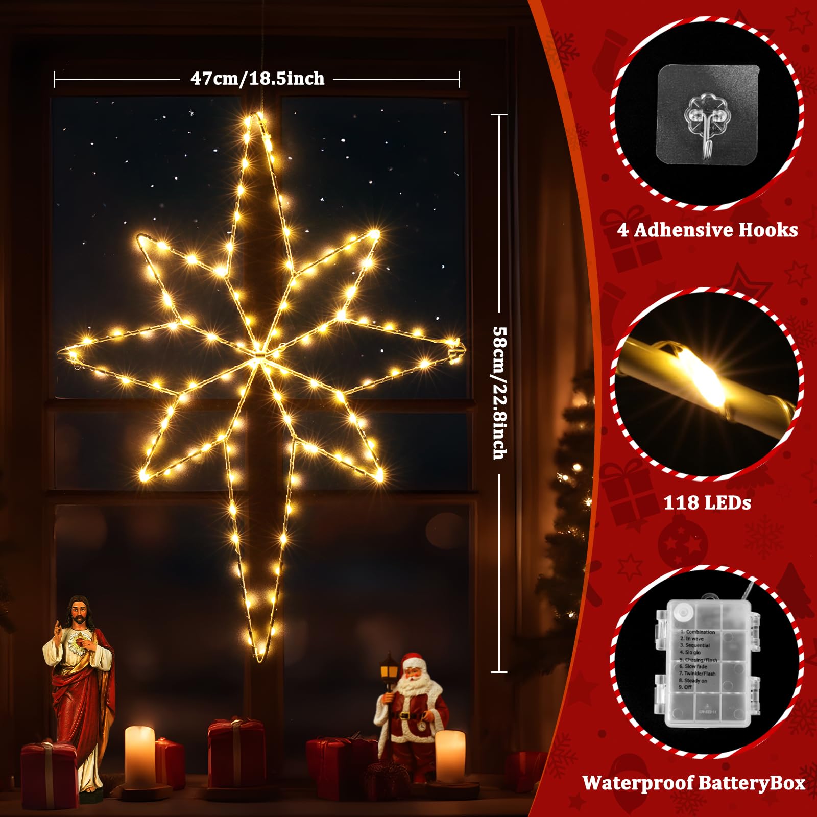 Quntis Confezione da 2 luci a stella di Natale pieghevole, 58 cm Big Star 236 LED decorazione per finestra con batteria gancio per timer, IP44 decorazione natalizia per interni esterni bianco caldo