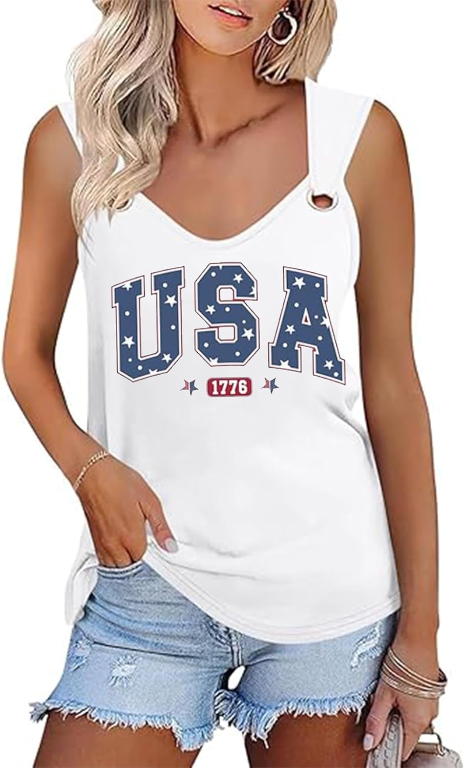 American Flag Lace Up Tank Tops for Women 4th of July Shirts Sleeveless Stars Stripes US Flag Patriotic Tee Tops