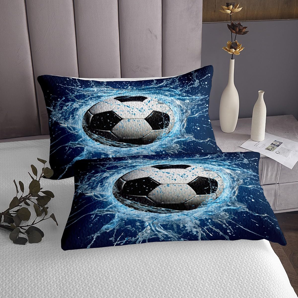 Homemissing Set di biancheria da letto per bambini con copriletto trapuntato blu a tema calcio, per ragazzi e ragazze, con stampa 3D, per donne e uomini, a tema sportivo, con 2 federe