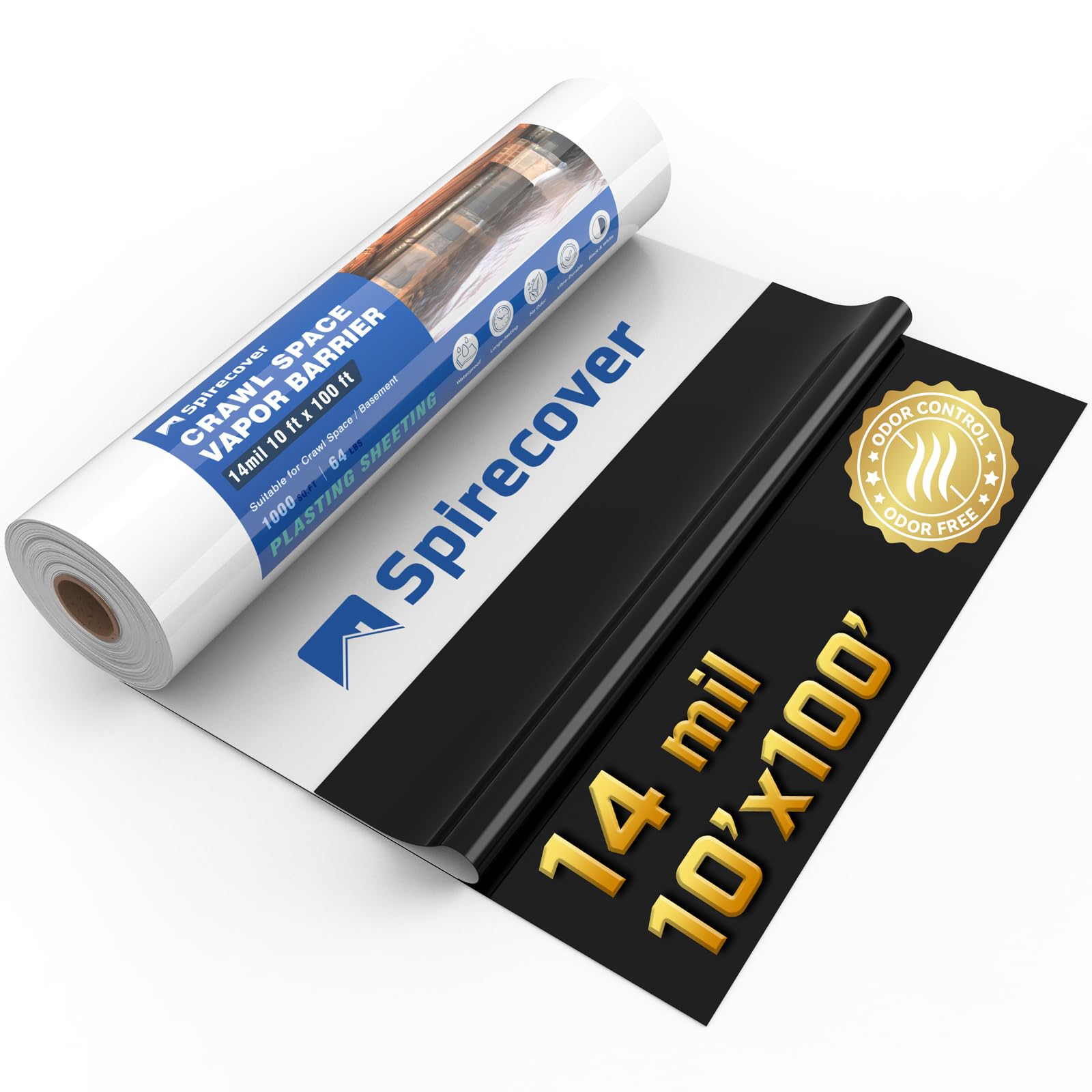 Photo 1 of Spirecover Crawl Space Vapor Barrier, 14 Mil Vapor Barrier, 10'x100', Plastic Drop Cloth for Crawl Space Encapsulation, Heavy Duty Polyethylene Film, Thick Plastic Sheeting, White and Black Film