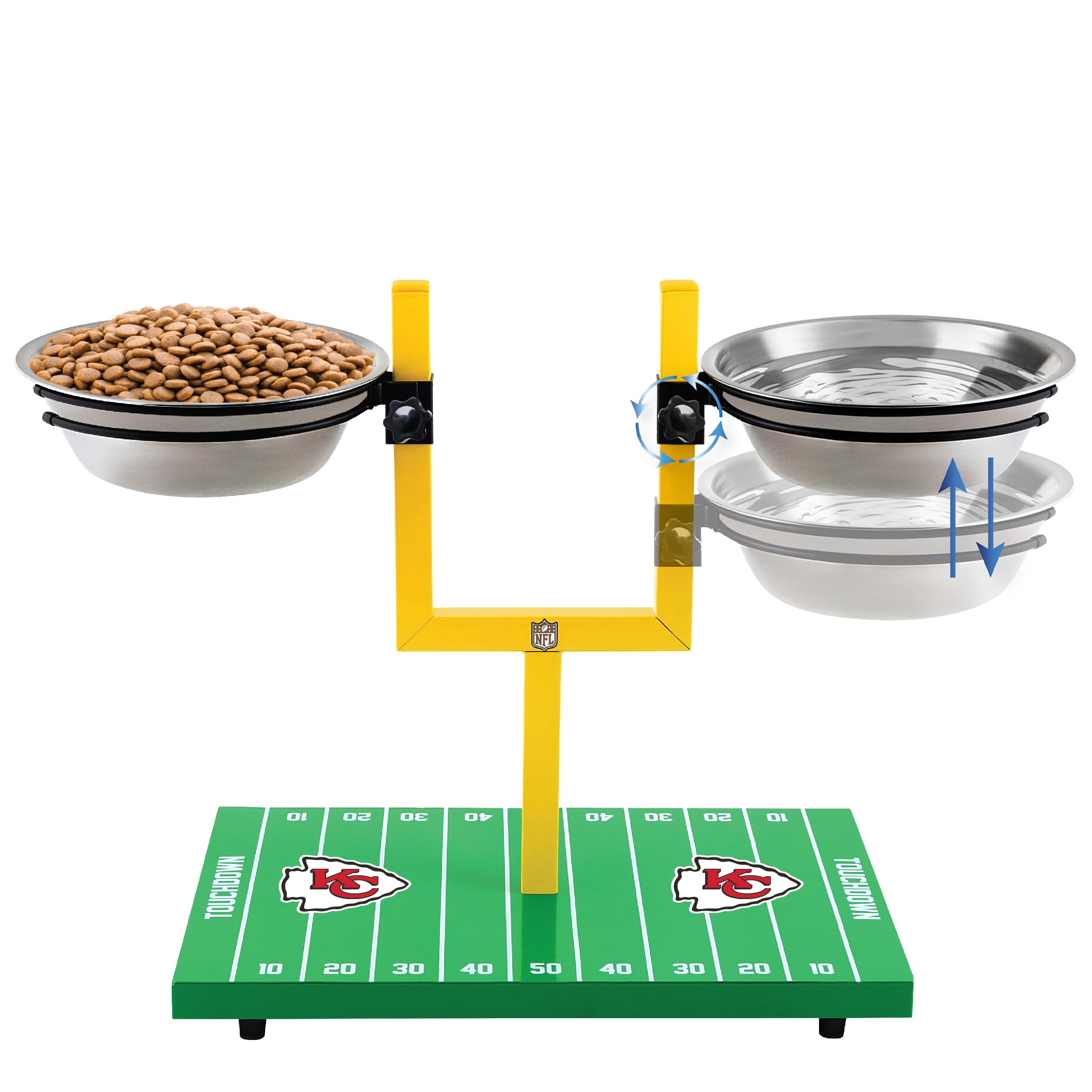 NFL Kansas City Chiefs Goalpost Football Field Dog Feeder – Adjustable Elevated Dog Bowls with Stand, 2 Stainless Steel Bowls, Non-Slip Rubber Feet, Raised Pet Feeder for Large & Small Dogs, Cats.
