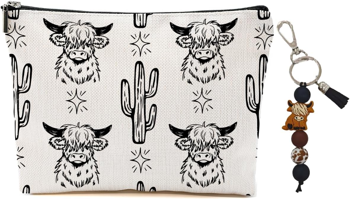 Blue Leaves Highland Cow Cactus Makeup Bag Cosmetic Bag Silicone Keychain