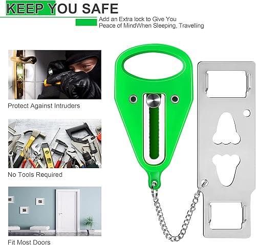 Miniatura 3 de Cerradura de puerta de viaje portátil verde de 1 pieza, cerradura de puerta adicional para asegurar puertas desde el interior, simple y eficaz