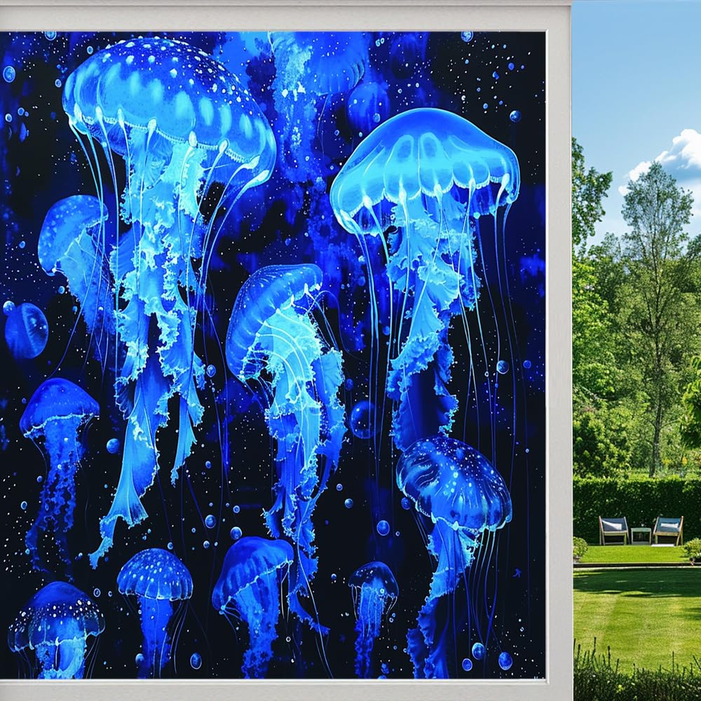 Swimming Jellyfish Privacy Window Film, Vintage Watercolor Blue Jellyfish Frosted Self-Adhesive Vinyl Cling for Glass Doors Bathroom Windows Sun Blocking Heat Control, （55x90cm）