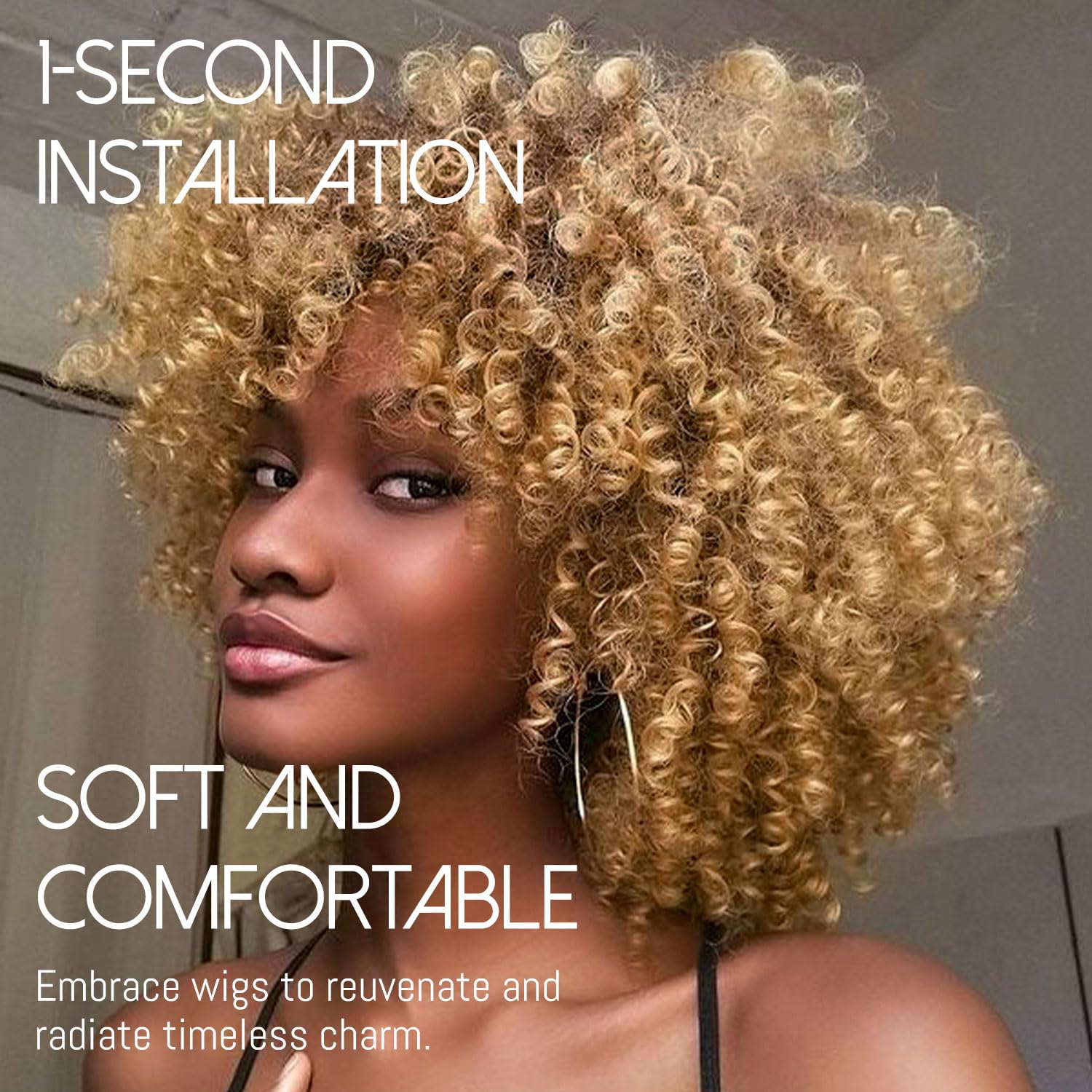 Lizzy 10 Inch Afro Curly Wigs for Black Women Synthetic Afro Wig with Bangs Heat Resistant Short Kinky Curly Wigs for Cosplay and Daily (Ombre Blonde) - Image 2