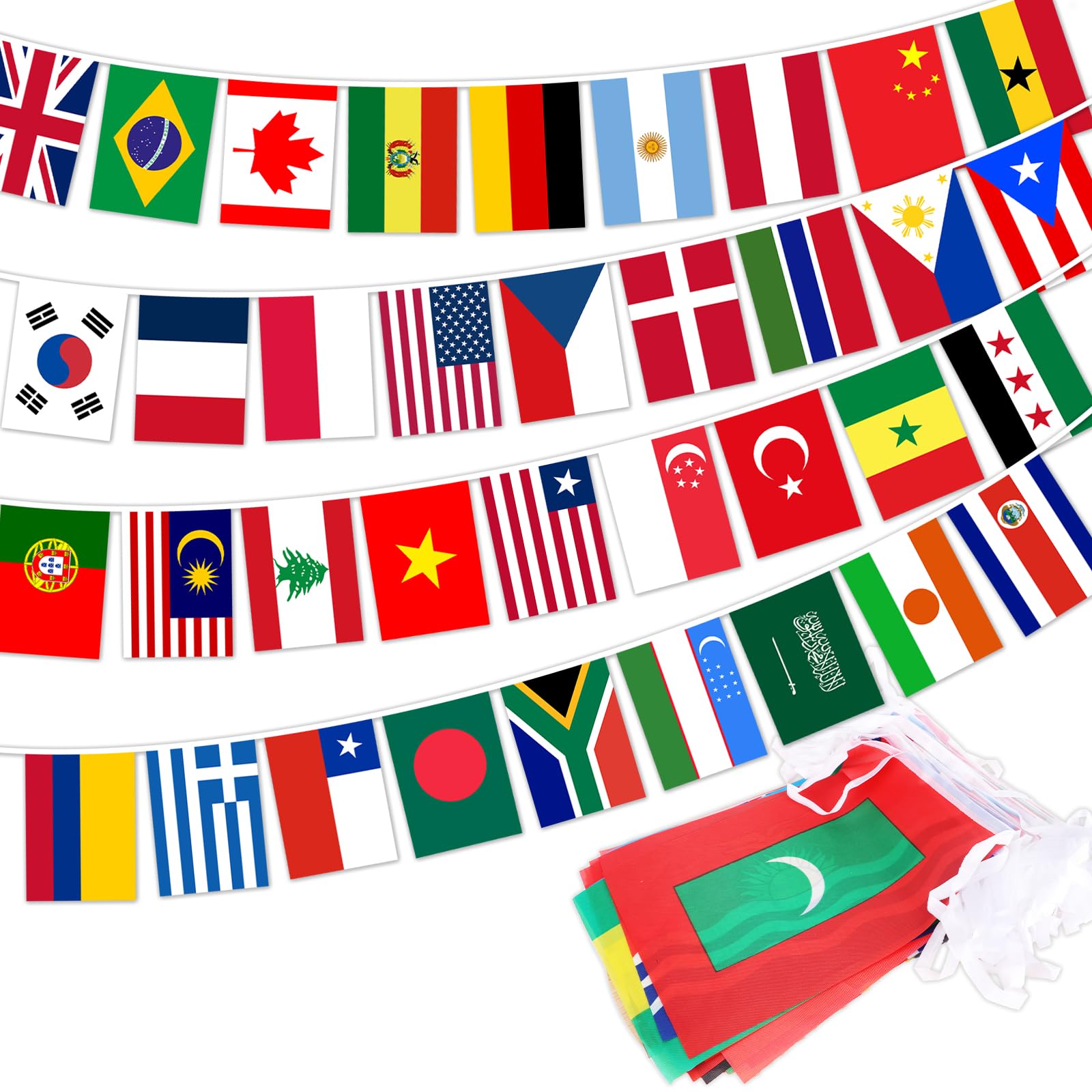 Photo 1 of 100 Countries String Flags – 98ft Polyester Flag Banner, Indoor/Outdoor Decor for World Cup Party, Classroom, Sports Events & Grand Opening