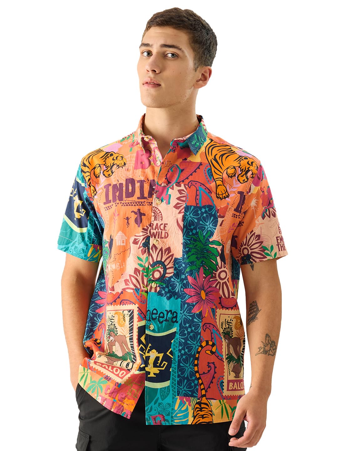 The Souled Store Official Jungle Book: Indie Print Men and Boys Short Sleeve Collared Neck Button Down Regular Fit Cotton Summer Shirts