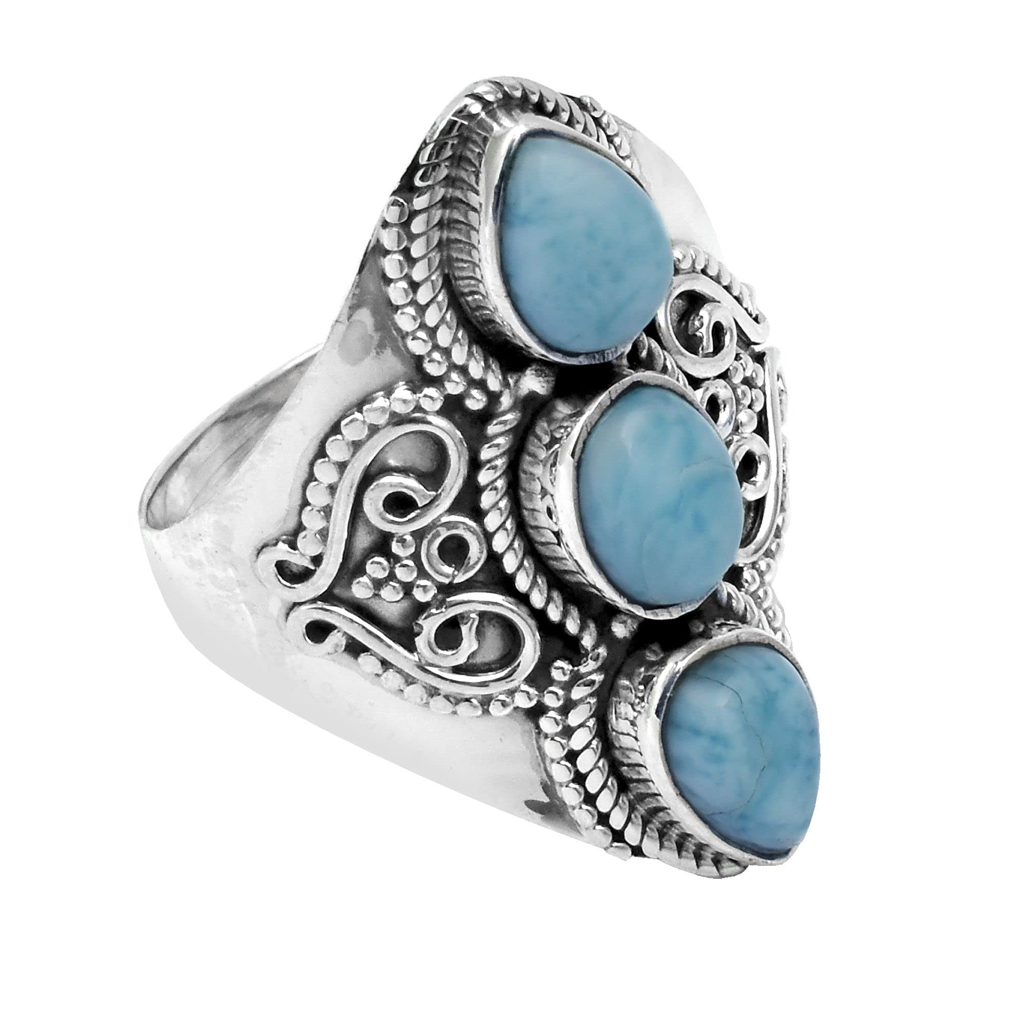 Anillo de plata de ley 925 con tres piedras de larimar natural para mujeres y niñas