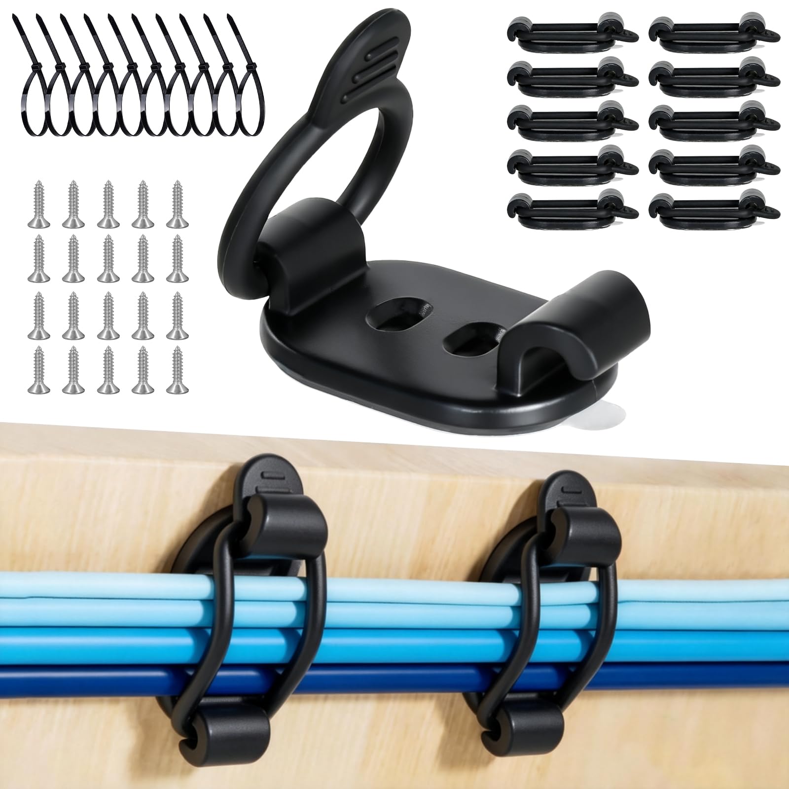 Duseu 10 Pack Adjustable Elastic Self-Adhesive Cable Tidy Clips-Black